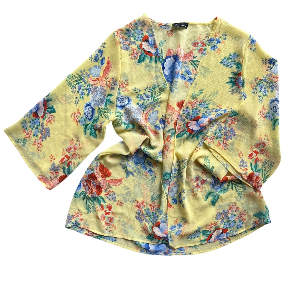 Racheal Women's M Yellow Blue Floral 3/4 Sleeve Open Kimono Lightweight Bohemian